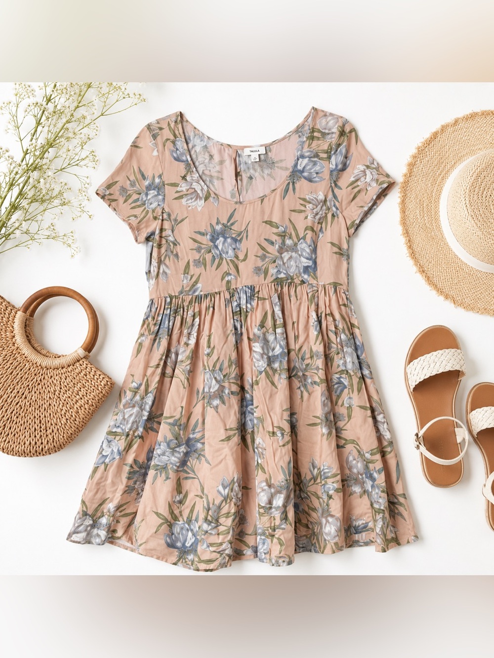 Aritzia Talula Bayberry Floral Babydoll Mini Dress Womens Small Blush Pink Rayon